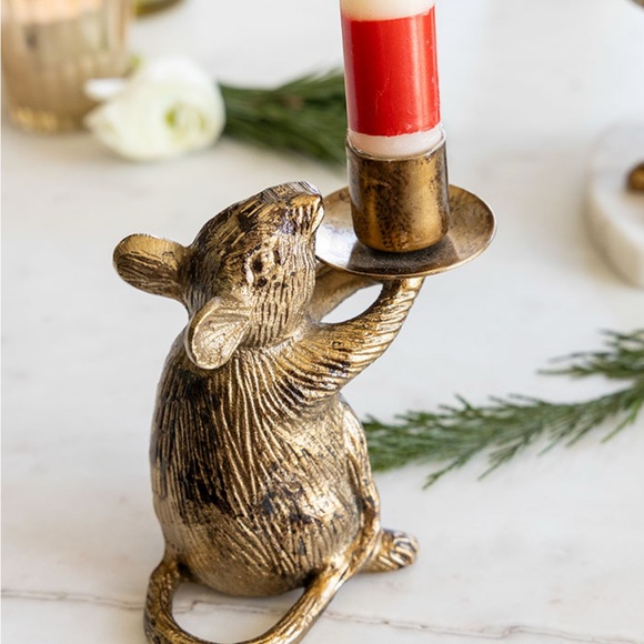 NWT Gold Mouse Candle Holders with Red and White Striped Candles - Picture 3 of 6